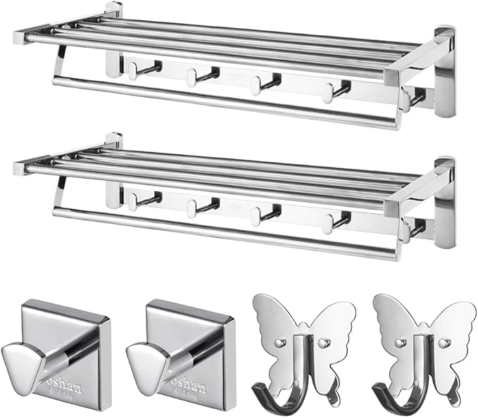 Roshan Handcrafted and Hand Polished Multi Purpose Towel Rack, Rust Proof and Peel Resistant Towel Shelf, Includes 2 Handmade Hooks (6-Piece Silver)