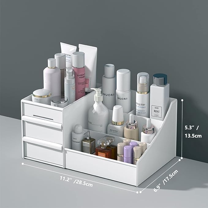 Makeup Desk Organizer With Drawers - Countertop Bathroom Skincare Organizer for Cosmetics, Vanity Holder for Lipstick, Brushes, Lotions, Eyeshadow, Nail Polish and Jewelry Sundries