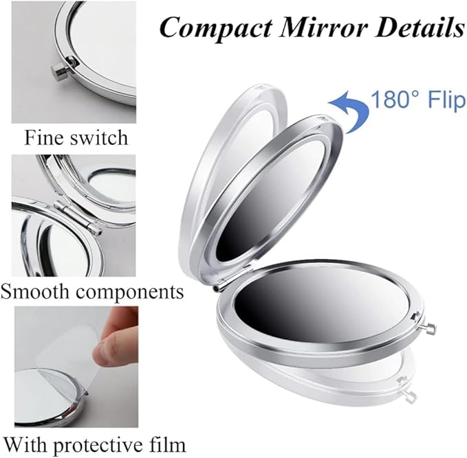 Pocket Mirror, 2 x 1x Magnification Compact Travel Makeup Mirror, Perfect for Purse, Pocket and Travel (Silver)