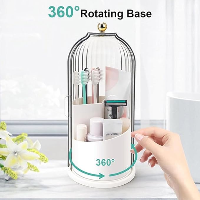 Multi-function Rotating Bird Cage Toiletries Storage Rack ?€? Storage Box, Makeup Holder | Covered Transparent Brush Organizer, 360 Rotating Design for Vanity Tables, Desktops, Bathroom Countertops