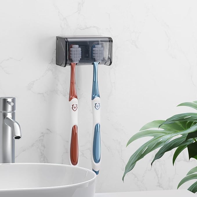 PARKMANI Toothbrush Holders Wall Mounted with Cover, Electric Tooth Brushing Holder for Bathroom, 2 Slots Self Adhesive Toothbrush Organizer, Toothbrush Stand for Family, Kids (1, Transparent Black)