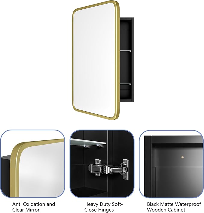 AGDULL Vintage-Style Bathroom Wood Black Cabinet with 16.5''x24'' Brushed Gold Metal Frame Curved Mirror, Recessed Medicine Cabinet, Bathroom Storage Cabinet