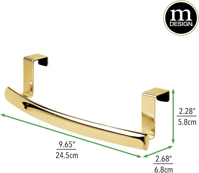 mDesign Steel Over Door Curved Towel Bar Storage, Hanger for Cabinet or Cupboard, Holder Rack for Kitchen, Bathroom - Holds Hand/Dish Towels, Washcloths - Spira Collection - Soft Brass
