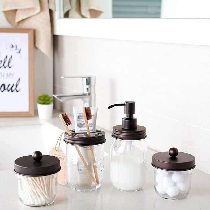 Amolliar Mason Jar Liquid Soap Dispenser Lid, Rust Proof Stainless Steel, Cute Farmhouse Decor for Kitchen, Bathroom, Bath, Refill Liquid Soap Pump for Hand Soap, Dish Soap, Lotion Soap,Bronze 2 Pack