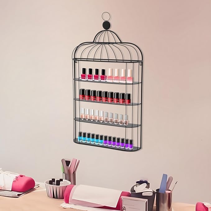 Nail Polish Organizer Wall Mounted, 4-Tier Nail Polish Storage Rack, Metal Nail Polish Storage Holder, Multifunctional Organizer for Essential Oil Perfume Lipsticks at Home Salon Spa(Black)