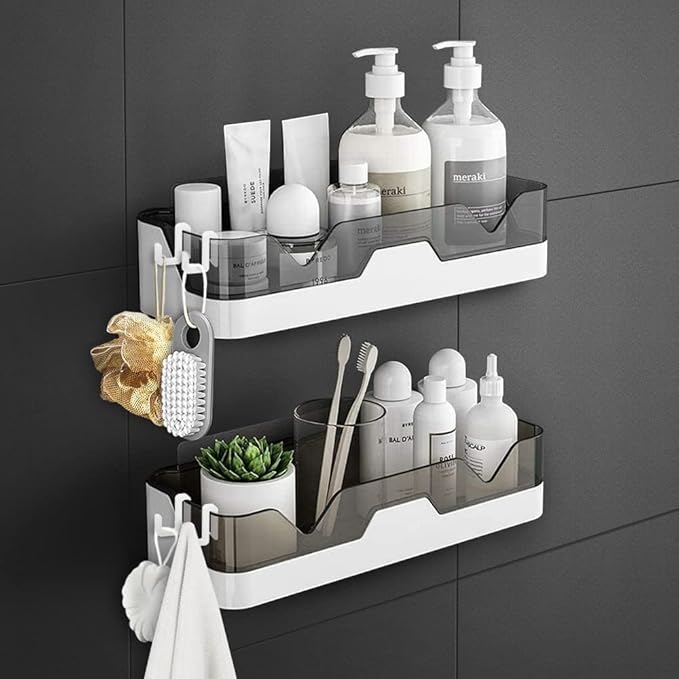 Mozarto Bathroom Shelf Organizer with 2-Tier Rack and 4 Hooks – Wall Mounted Bathroom Storage Rack, Space Saving Shelf for Toiletries, Bathroom Hardware and Accessories Holder (Multicolor)