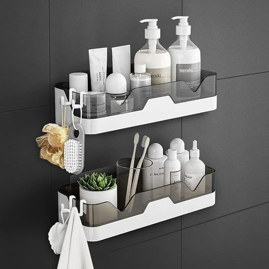 Mozarto Bathroom Shelf Organizer with 2-Tier Rack and 4 Hooks – Wall Mounted Bathroom Storage Rack, Space Saving Shelf for Toiletries, Bathroom Hardware and Accessories Holder (Multicolor)