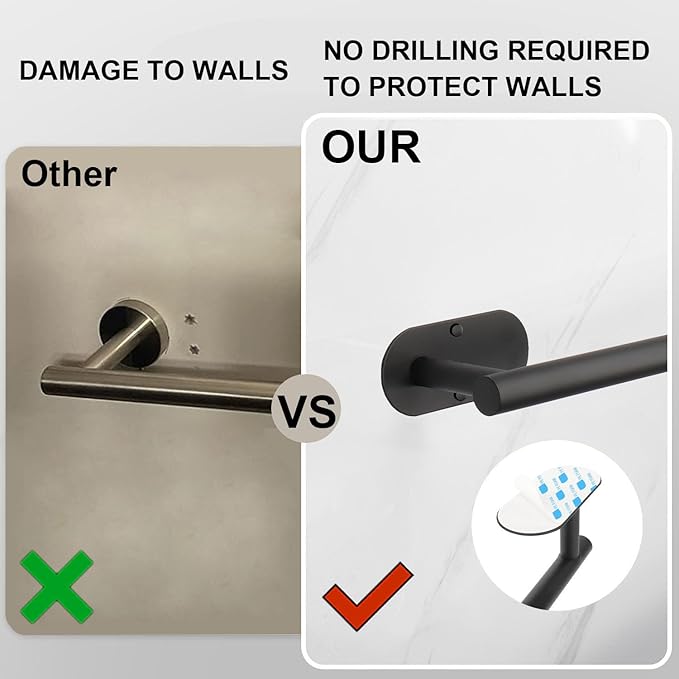 TocTen Self Adhesive Bathroom Towel Bar, Stick Towel Rack for Bathroom, Rustproof Stainless Steel Bath Towel Holder No Damage, Easy to Install Drill Free Towel Rod for Bathroom (Matte Black, 12 Inch)