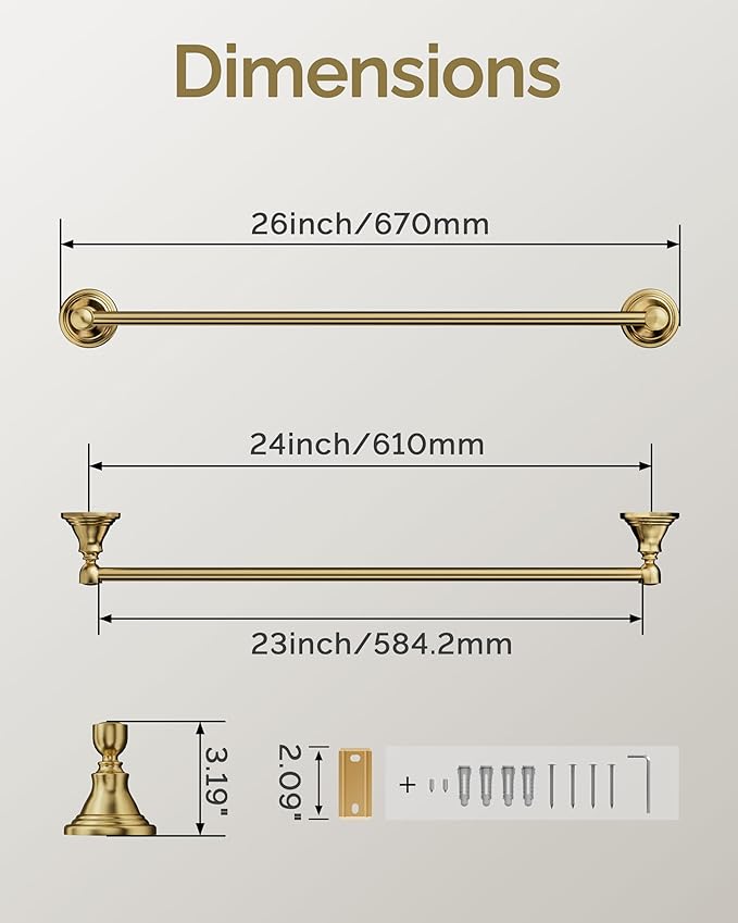 Towel Bar 24inch, Stainless Steel Bathroom Towel Rack Wall Mounted, Heavy Duty Towel Rod, Towel Holders for Bathroom, Kitchen(Brushed Gold)