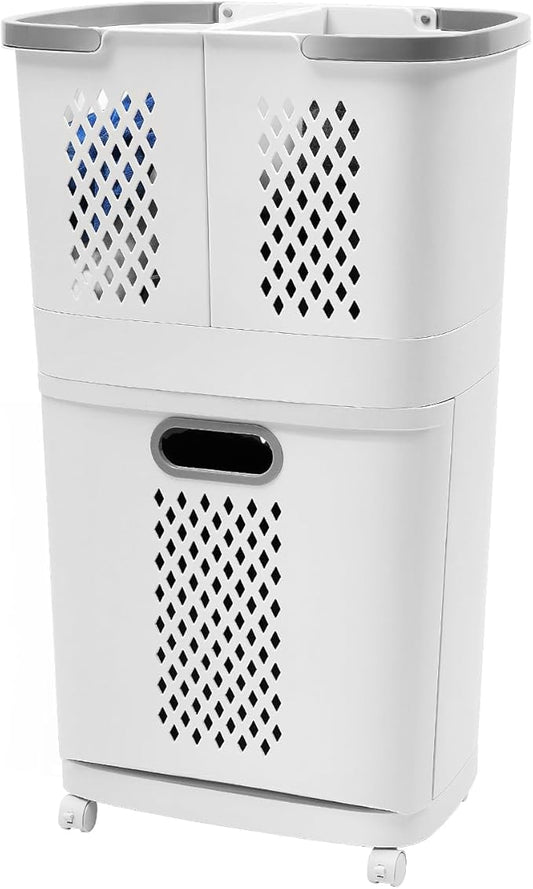 2-Tier Rolling Laundry Hamper Sorter, Removable Clothes Hamper Organizer with Wheels, Space-Saving Modern Portable Storage Cart with Detachable 3 Baskets for Bedroom Laundry Room Bathroom, White