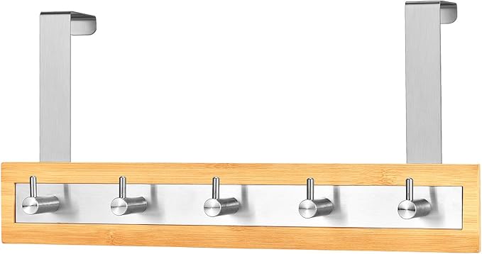 ToiletTree Products Bamboo Stainless Steel Over-the-Door Towel Hooks - Durable Coat, Clothes, and Towel Rack to Use in the Bathroom, Laundry Room, and Closet - 5 Hooks