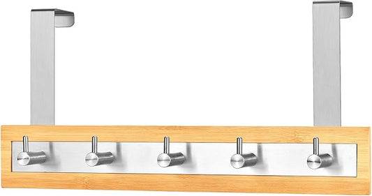 ToiletTree Products Bamboo Stainless Steel Over-the-Door Towel Hooks - Durable Coat, Clothes, and Towel Rack to Use in the Bathroom, Laundry Room, and Closet - 5 Hooks