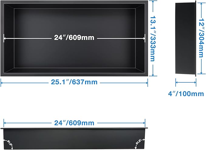 Neodrain Shower Niche, Insert Bathroom Storage Shower Shelf, Stainless Steel Recessed Wall Niche No Tiled Recessed Cabinet Waterproof for Shower Storage(Matte Black,24"x12")