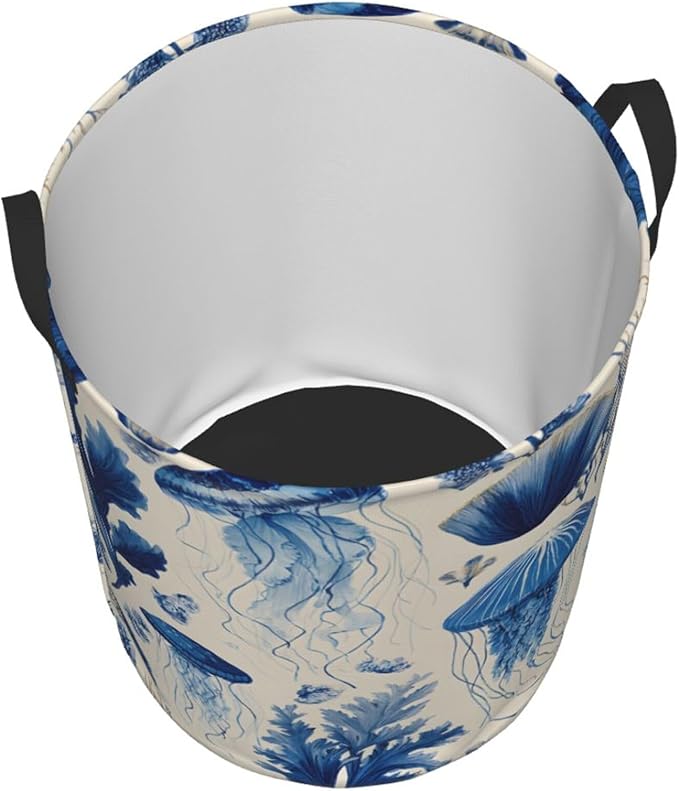 Blue Jellyfish Pattern Laundry Hamper, Collapsible Storage Basket with Handles for Clothes, Bedroom, Bathroom 19.6 x15.7 Inch