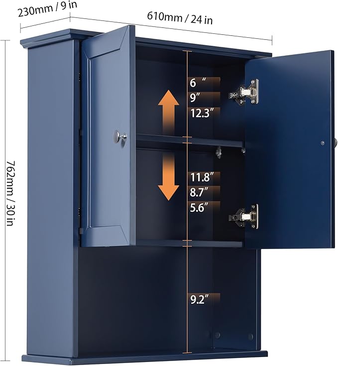 VANIRROR Bathroom Wall Cabinet Navy Blue Over Toilet Storage Cabinets 24x30 in Above Toilet Wood Medicine Cabinets Wall Mounted Bathroom Cabinet with 2 Door & Adjustable Shelf