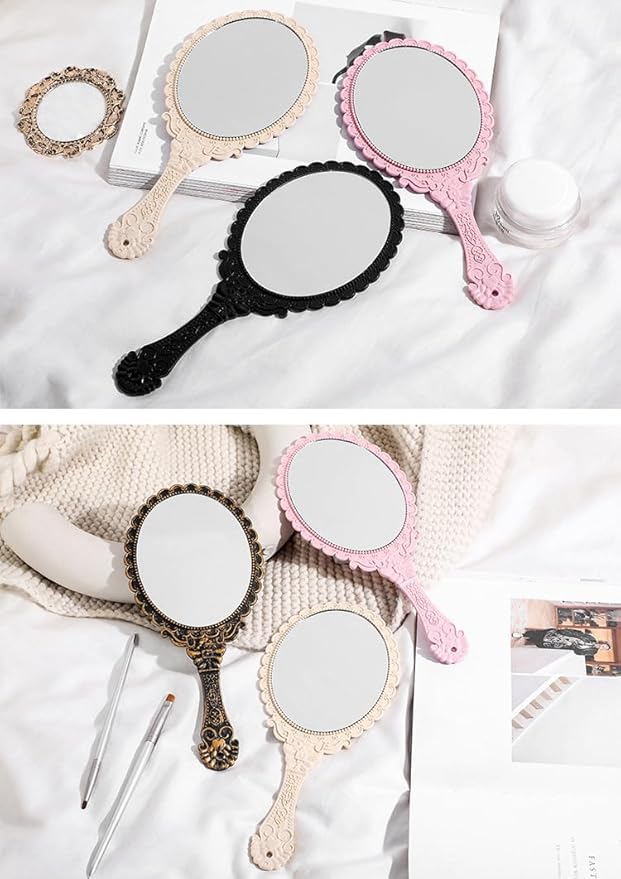 AKOAK Vintage Handheld Makeup Mirror, Exquisite Embossed Decorative Handle Makeup Mirror Portable Travel Mirror for Girls and Ladies (Oval, Rose Gold)
