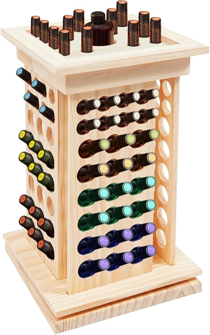 125 Slots Essential Oil Storage Shelf Wood Rotating Essential Oil Bottle Display Rack Wooden Farmhouse Style Essential Oil Stand Holder with Base for Aromatherapy Bottles Organization, Wood Color