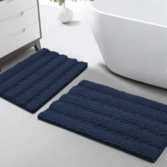 Turquoize Chenille Bathroom Rugs Set - Non-Slip Bath Mats for Bathroom Floor, Extra Soft and Absorbent Shaggy Mats for Kitchen/Entryway (20" x 32" and 17" x 24"), Navy