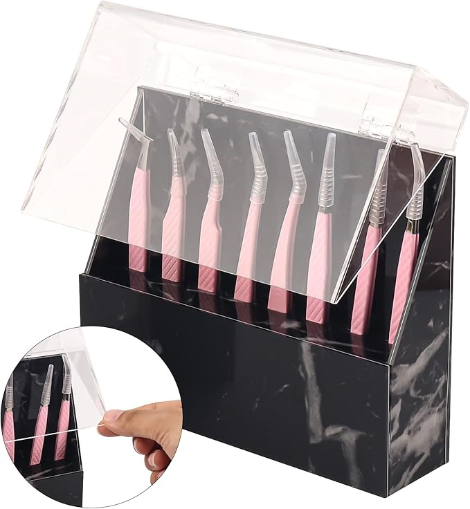 8 Holes Dust proof Tweezer Storage Rack,Acrylic Tweezer Display Stand Holder Eyelash Extension Supplies Lash Accessories Tools (Marble Black)