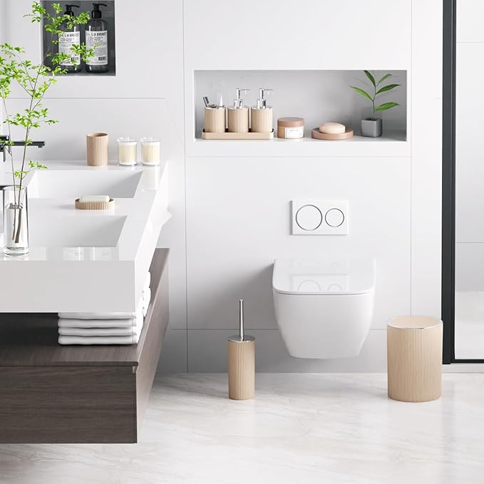 Beige Bathroom Accessories Set, 10PC Bathroom Set, Bath Accessory with Pop Up Trash Can, Soap Dispenser, Toilet Brush, Toothbrush Set Qtip Holders & Tray