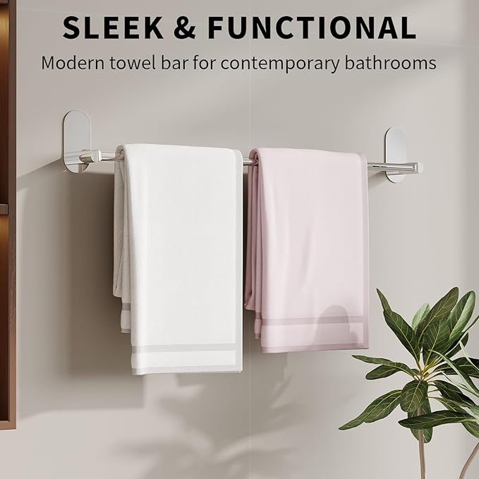 Self Adhesive Towel Bar for Bathroom 24ich Stainless Steel and Zinc Alloy No Drill Towel Rack Heavy Duty Hanger Stick On Hand Towel Holder for Kitchen, Cabinet, Door, Shower, Polished Chrome