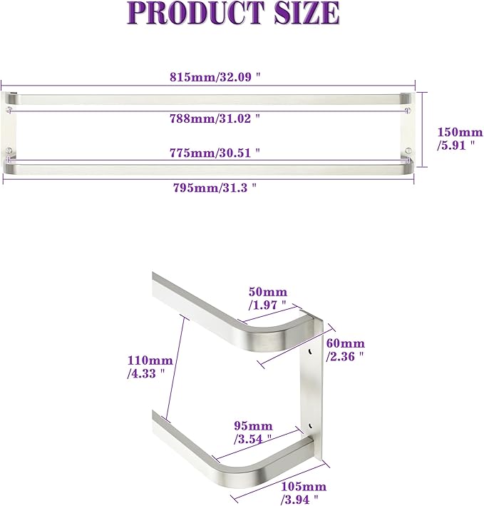 Alise Double Towel Bars for Bathroom,32'' Towel Holder Towel Racks for Bathroom Wall Mount,SUS304 Stainless Steel Double Towel Rail Towel Hanger,Brushed Nickel