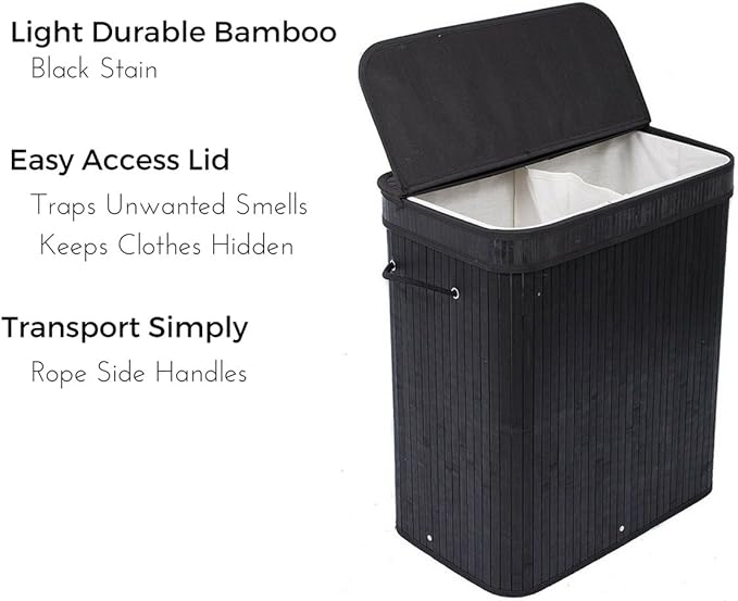 BIRDROCK HOME Double Laundry Hamper with Lid and Cloth Liner - Bamboo - Black - Easily Transport Laundry Basket - 2 Section Collapsible Hamper - String Handles