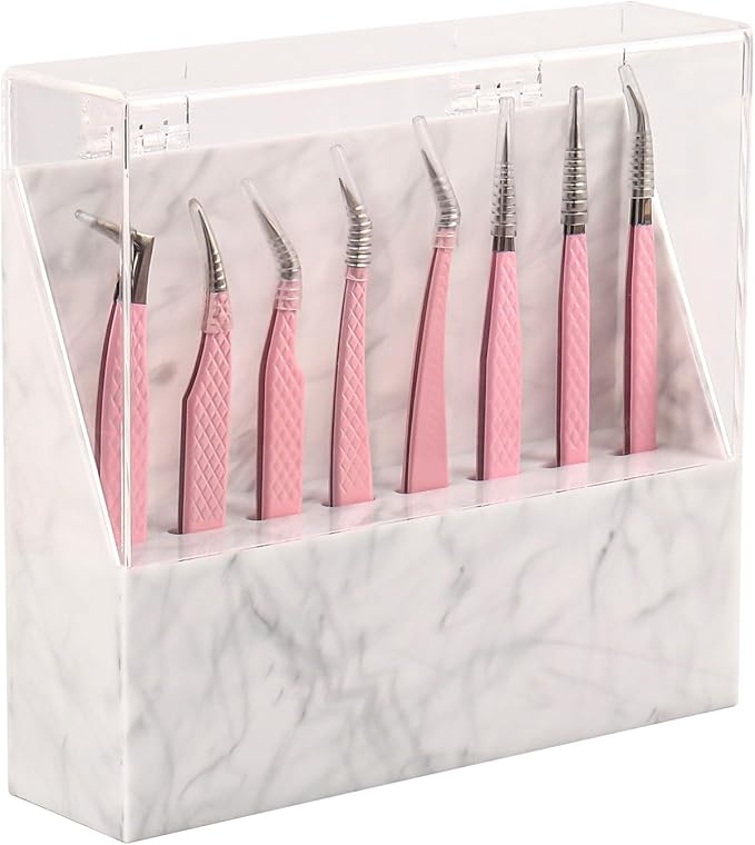 8 Holes Dust proof Tweezer Storage Rack,Acrylic Tweezer Display Stand Holder Eyelash Extension Supplies Lash Accessories Tools (Marble White)