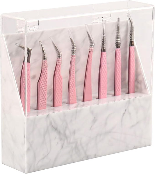8 Holes Dust proof Tweezer Storage Rack,Acrylic Tweezer Display Stand Holder Eyelash Extension Supplies Lash Accessories Tools (Marble White)