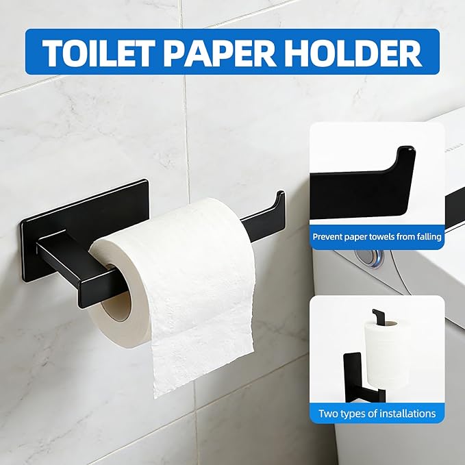 10 Pieces Bathroom Towel Bar Set, Stainless Steel Matte Black Bathroom Hardware Set Self Adhesive, Towel Racks for Bathroom, 16 inch Towel Bar, Robe Towel Hooks, Toilet Paper Holder, Towel Ring