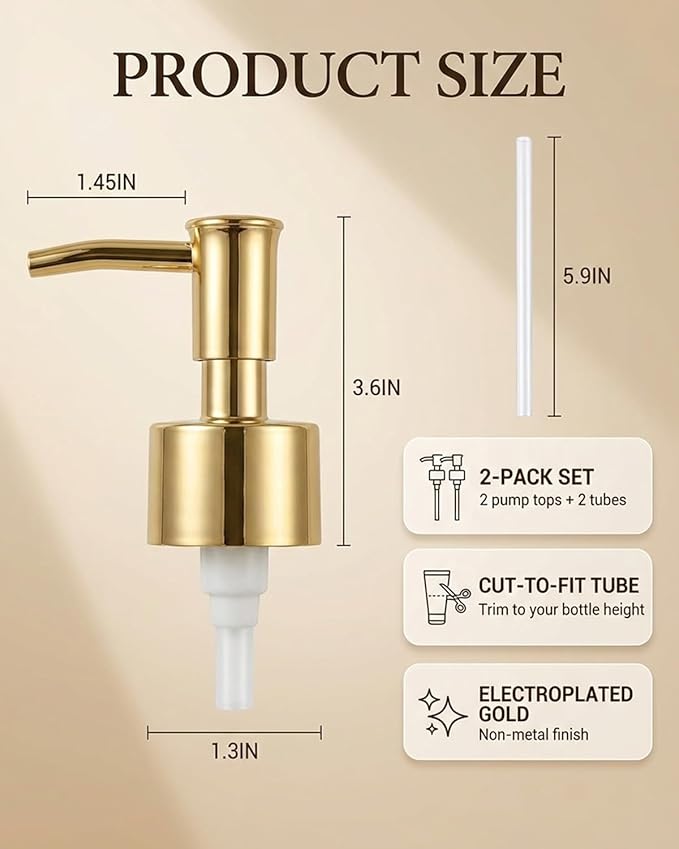 2-Pack Soap Dispenser Pumps Replacement, Universal Lotion & Soap Pump Heads for Standard 28/400 Bottle Neck, Gold Finish (Fits 26mm-28mm/ 1.02-1.10 inch)