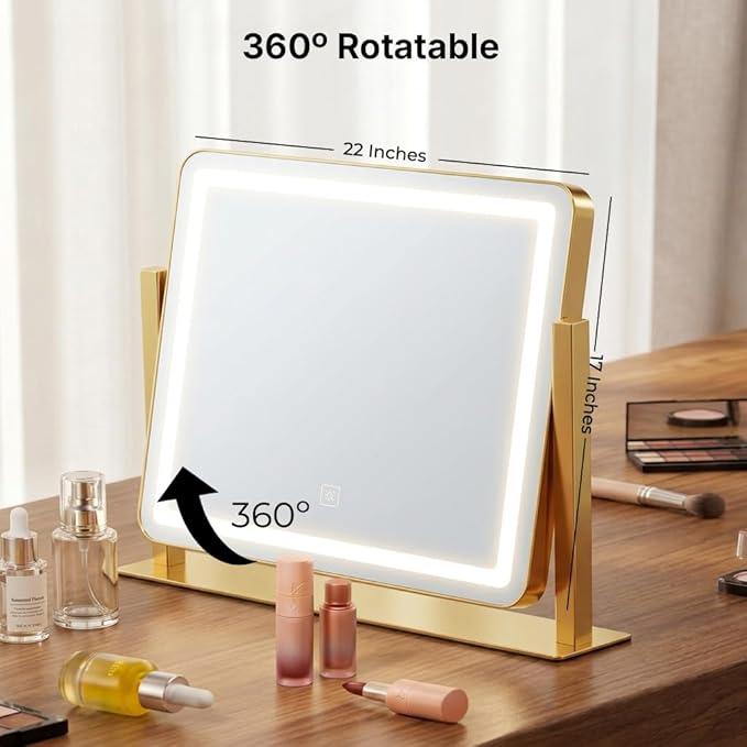 Vanity Mirror with Lights, 17''x22'' Lighted Makeup Mirror, LED Makeup Mirror, Dimmable, Smart Touch with 3-Color Lighting Modes, for Bedroom Tabletop - Gold