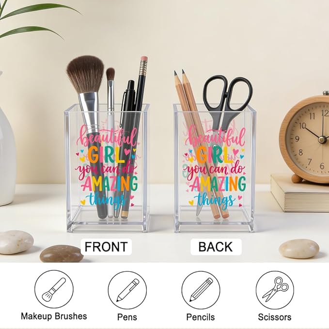 Beautiful Girl You Can Do Amazing Things Acrylic Cosmetic Pencil Pen Holder, Vanity Accessories Makeup Organizer for Daughter Sister, Encouragement Gifts for Makeup Lover, Make Up Brush Holder