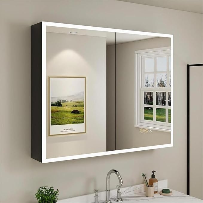 Buruis 36 x 32 Inch Medicine Cabinet with LED Lights and Mirror, Recessed/Wall Mounted Bathroom Cabinet, 3-Color Light, Defogger, Memory Function, Outlet & USB, Dimmer, Black