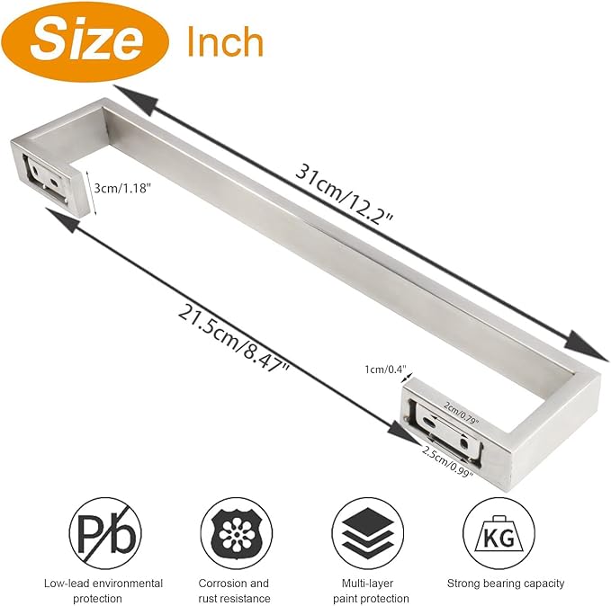TocTen Bath Towel Rack - Square Base Thicken SUS304 Stainless Steel Towel Bar for Bathroom, Bathroom Bar Accessories Towel Rod Heavy Duty Wall Mounted Towel Holder (Brushed Nickel, 12 Inch)