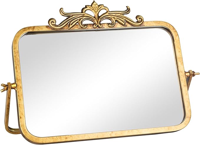Vintage Makeup Desk Mirror, 7.9" L x 11.8" W Antique Gold Vanity Table Mirror, Metal Framed Rectangular Small Standing Mirrors, 360 Adjustable Rotation Mirrors for Tabletop, Bathroom
