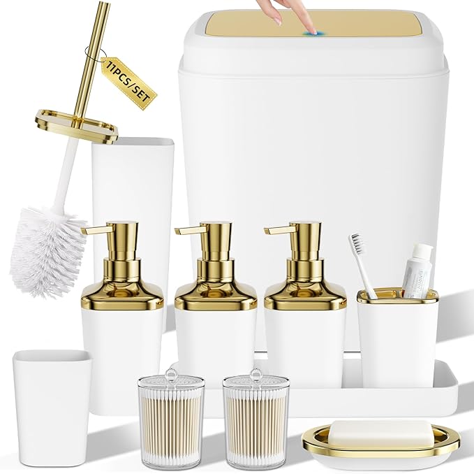 Bathroom Set — Bathroom Accessories Set, 11PC Bathroom Accessory Set, White Bathroom Set with Push-lid Trash Can, 3PC Soap Dispensers, Toilet Brush & Qtip Holders