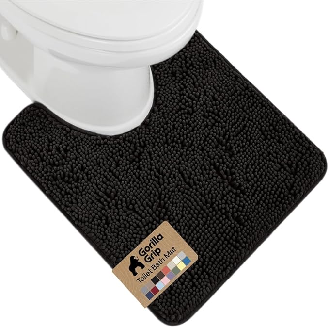 GORILLA GRIP Plush Absorbent Shaggy Chenille Bath Rug Mat for Oval Toilet Base with Rubber Backing, Machine Washable Rugs, Soft Microfiber Contour Mats for Toilets, Bathroom Decor, Black