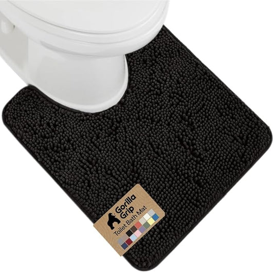 GORILLA GRIP Plush Absorbent Shaggy Chenille Bath Rug Mat for Oval Toilet Base with Rubber Backing, Machine Washable Rugs, Soft Microfiber Contour Mats for Toilets, Bathroom Decor, Black