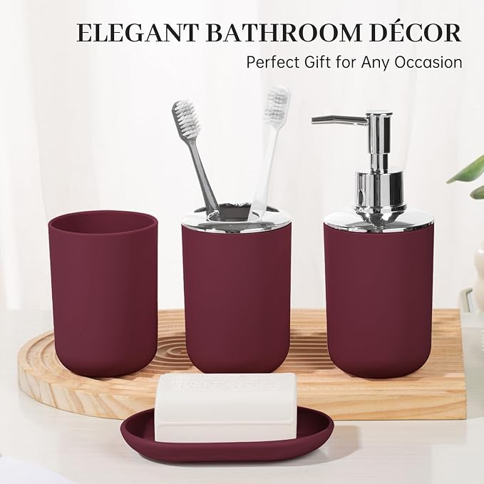 Bathroom Accessory Set, 4 Pcs Plastic Bathroom Set Include Soap Dispenser, Soap Dish, Toothbrush Holder, Mousewash Cup, Modern Bahtroom D??cor Set, Space Save for Bathroom(Burgundy)
