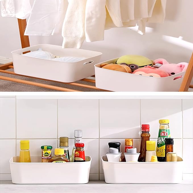 3 Pack White Storage Bin, 10" Long Bathroom Organizing Bins, Plastic Organizer Bins with Handles for Vanity, Pantry, Shelves