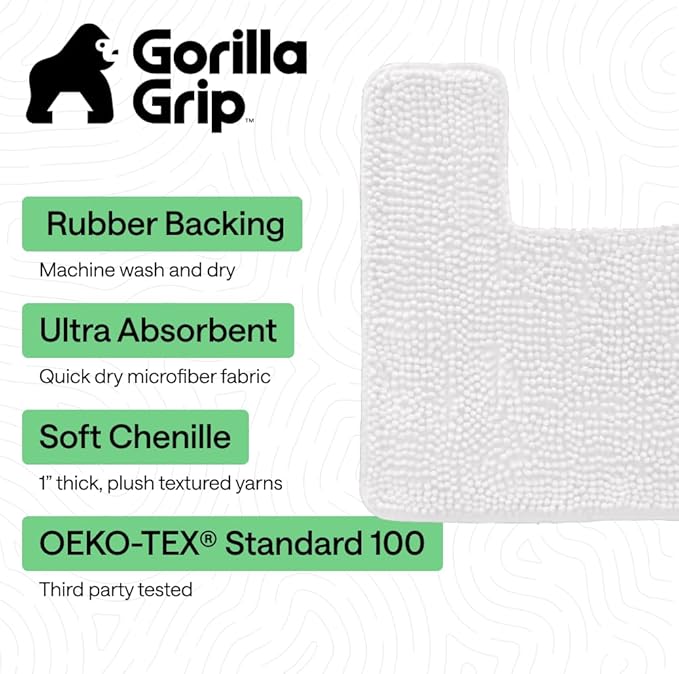 GORILLA GRIP Plush Absorbent Shaggy Chenille Bath Rug Mat for Square Toilet Base with Rubber Backing, Machine Washable Rugs, Soft Microfiber Contour Mats for Toilets, Bathroom Decor, White