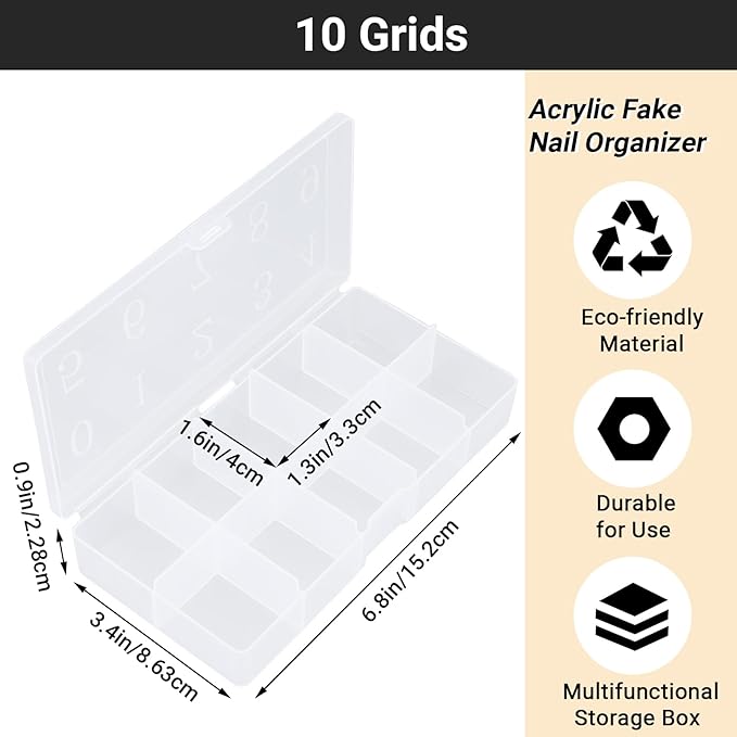 Press On Nail Storage Box, 3PCS 10-Grid Acrylic Nail Tip Organizer Box, 10 Spaces Empty Clear Plastic Numeral Vitamins Pill Box, Nail Case Container for Crystal Jewelry Nail Art Accessories