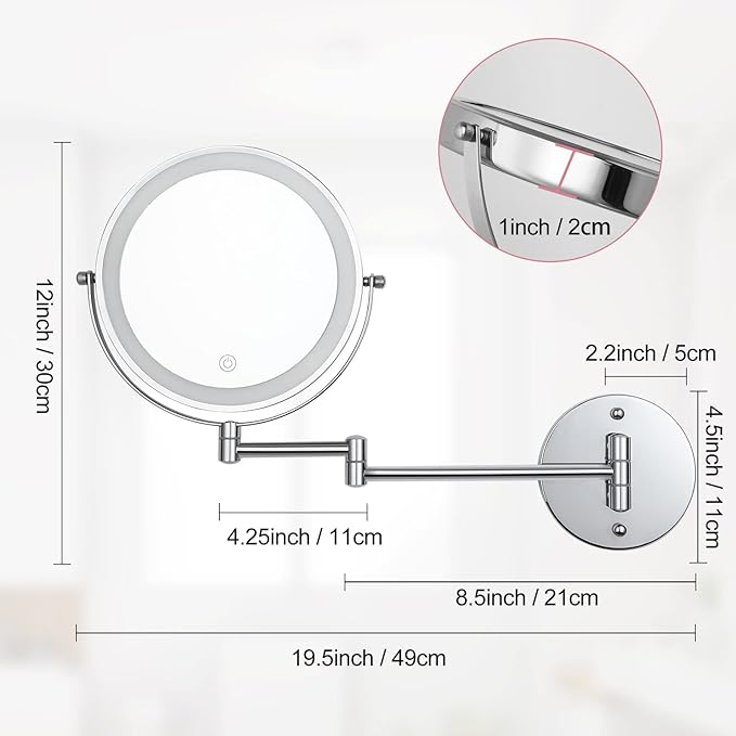 8" LED Wall Mounted Makeup Mirror, 1X/10X Magnifying Vanity Mirror with 3 Color Modes, 2000mAh Rechargeable 360° Swivel Extendable Arm, Polished Chrome for Bathroom Makeup, Shaving, Skincare