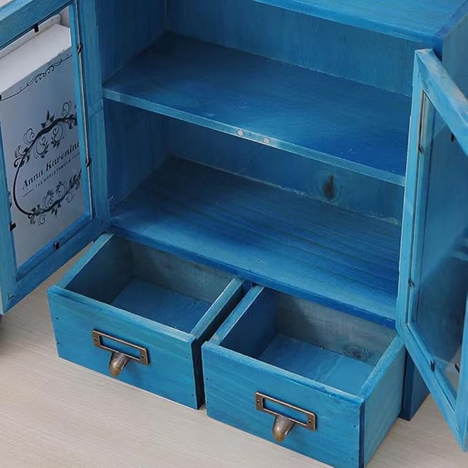 Rustic Vintage Mini Wood Counter Top Cabinet,Display Case with Organic Glass Door,Wall Storage Cabinet, that Sits on Countertop-Floating Shelf Organization12 x4.7"x14"(Blue)