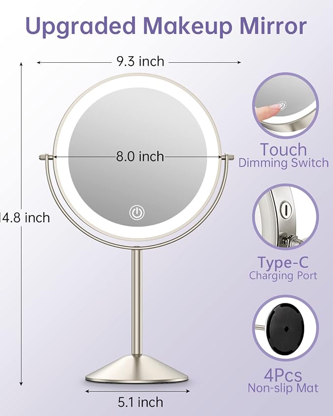 Gospire 8" Lighted Makeup Mirror with Magnification 10X/1X, 3 Color Lights & Dimmable Lighting, 360° Rotation Double Sided Rechargeable Cordless Vanity Cosmetic Standing LED Mirror for Makeup