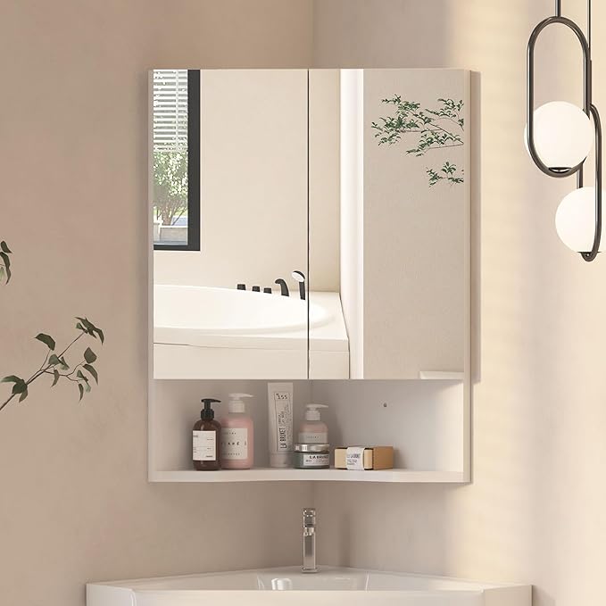 Bathroom Corner Medicine Cabinet, Corner Medicine Cabinet with 2 Doors,Small Cabinet for Bathroom,White,18x24 inch