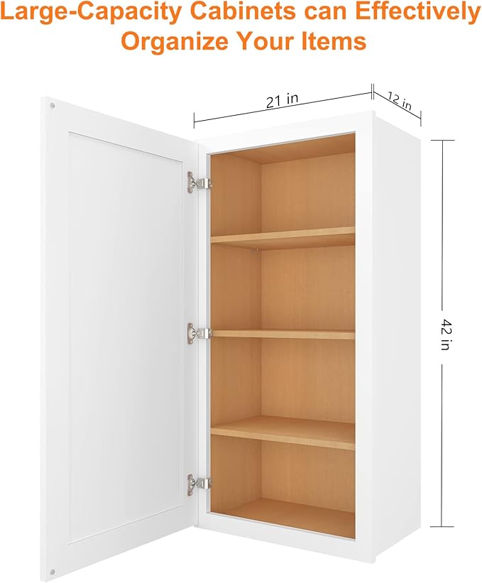 ROOMTEC Wood Wall Cabinet,RTA Single Door Medicine Cabinet with Adjustable Shelves and Soft-Close Door for Kitchen, Bathroom, and Laundry. 12" D*21" W*42" H, Traditional White