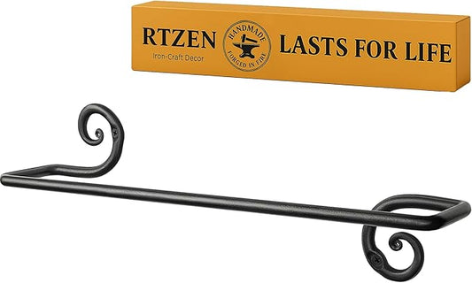 RTZEN Farmehouse Bathroom Towel Holder - Wrought Iron Matte Metal Black Towel Bar Wall Mount Rod - Handmade Home Decor Metal Kitchen Hanger Bar (16'' - Fits 16 Inch Towels)