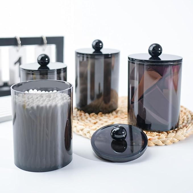 XIPENGKEJI 6 Pack Qtip Holder,Canister Apothecary Jar Set, Bathroom Jars with Lids Set for Cotton Swabs, Balls, Pads, Floss Picks,10oz-12oz Plastic Canisters Restroom Bedroom Vanity Organizer(Black)